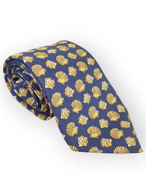 Sulka France Silk Tie Blue Yellow Seashells Fish Whimsical Kitsch Tropical